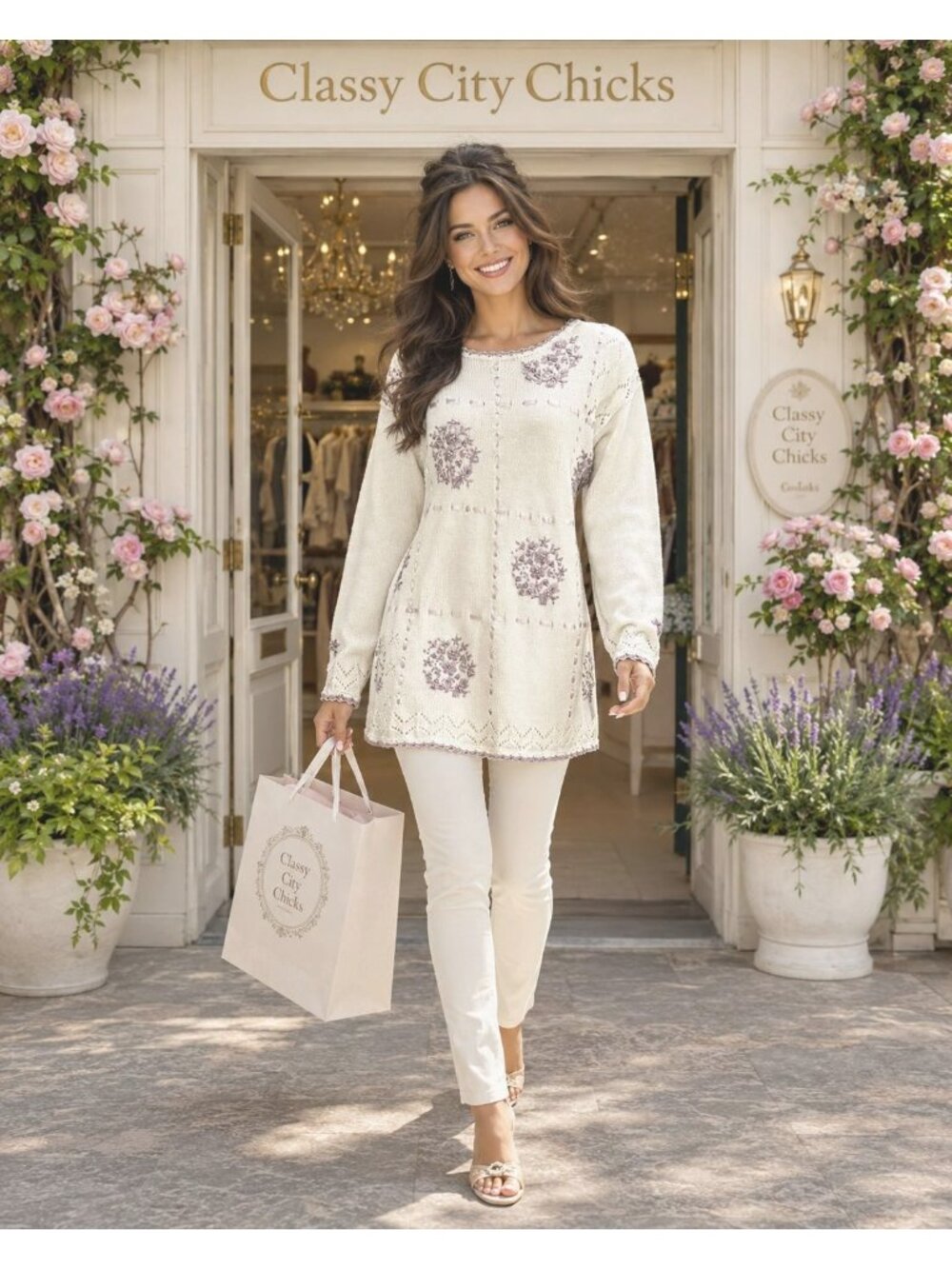 Jenny Sz 8 Ivory Lavender Knit Sweater Cottagecore Floral Embroidery Grandmacore